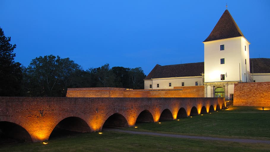 bridge, castle, tower, hungary, sárvár, night, illuminated HD wallpaper