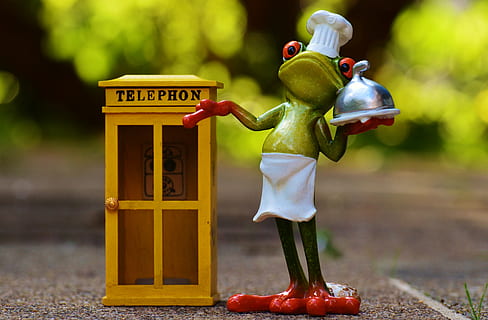 selective focus photography of frog waiter beside telephone booth miniature HD wallpaper