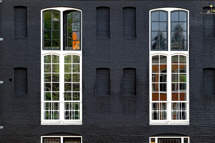 home, house, facade, dark, brick, black, painted brick, windows, HD wallpaper