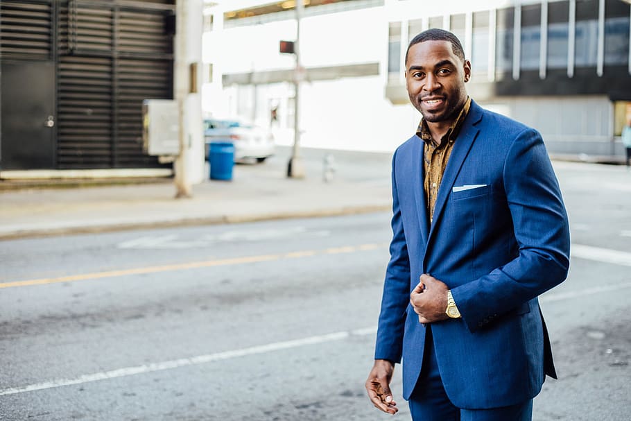 man in blue formal suit, man standing on gray concrete ground, HD wallpaper