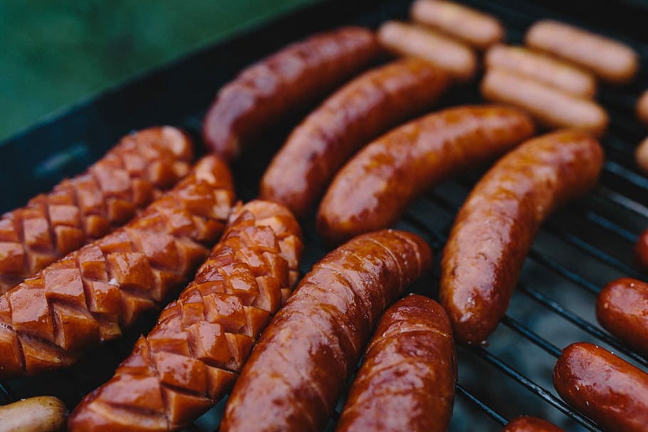 Sausages on the grill, food, kielbasa, barbecue, cook, fire, flame