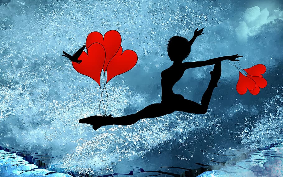 silhouette of dancing ballet dancer with heart balloons on hand and foot illustration HD wallpaper