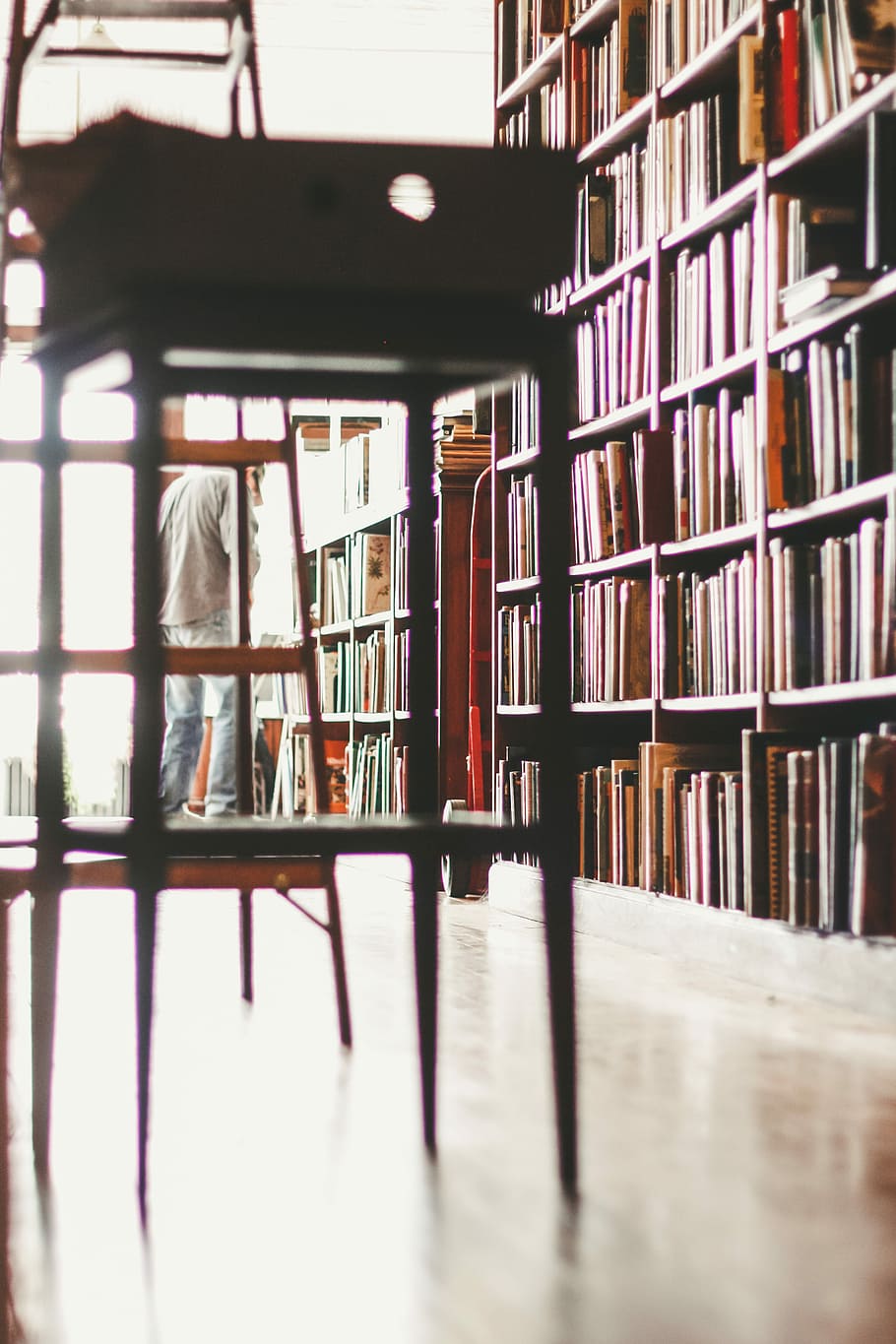 brown wooden stool near bookshelf, assorted books in bookcase HD wallpaper