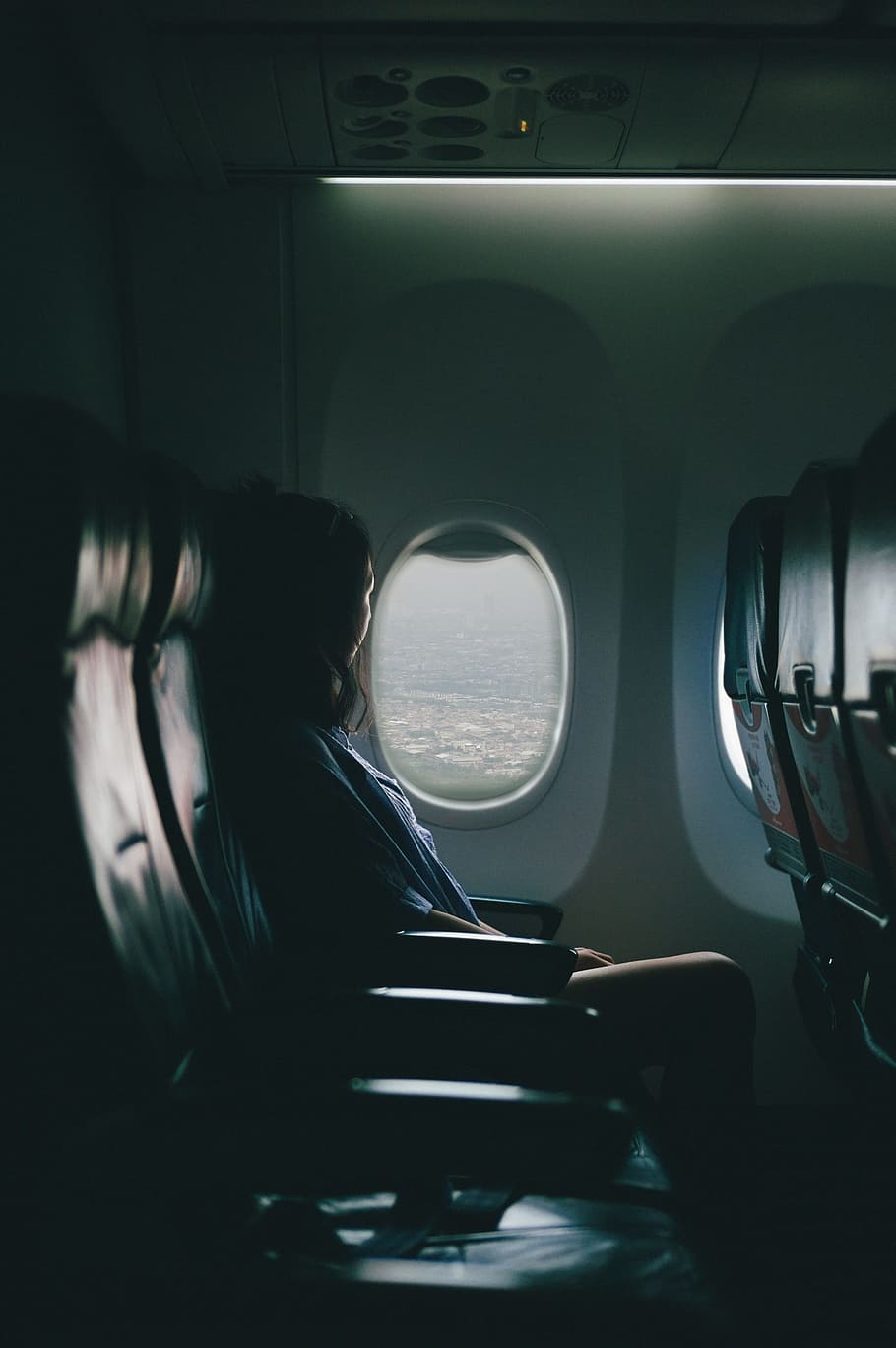 woman inside of airplane, people, girl, window, travel, trip