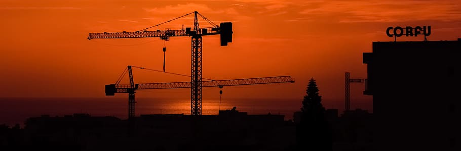 silhouette of tower crane, cranes, sunset, construction, shadows HD wallpaper