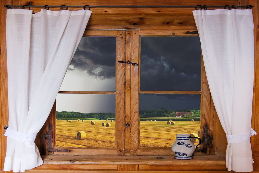 rustic look, village, curtain, window, house, room, wood, rural window HD wallpaper