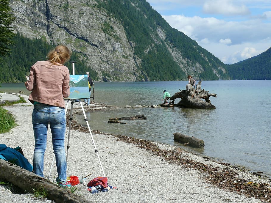 lake, painter, image, art, colors, country, drawing, landscape HD wallpaper