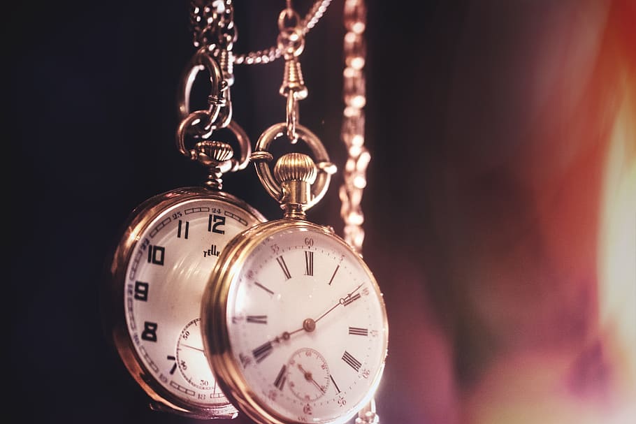 two silver-colored pocket watches, clock, time, indoors, focus on foreground HD wallpaper