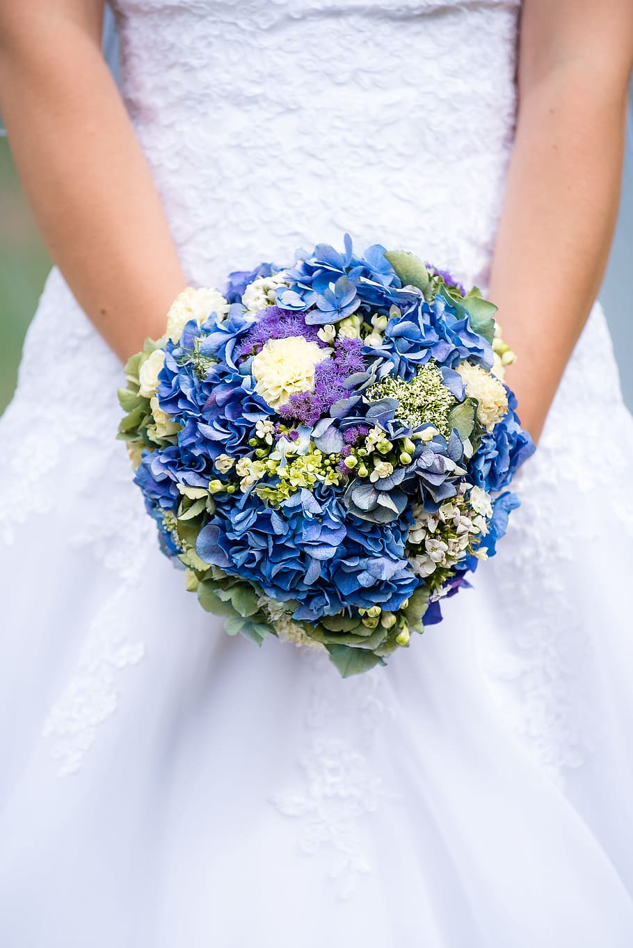 woman in white wedding dress holding blue flower bouquet, Wedding, Bride