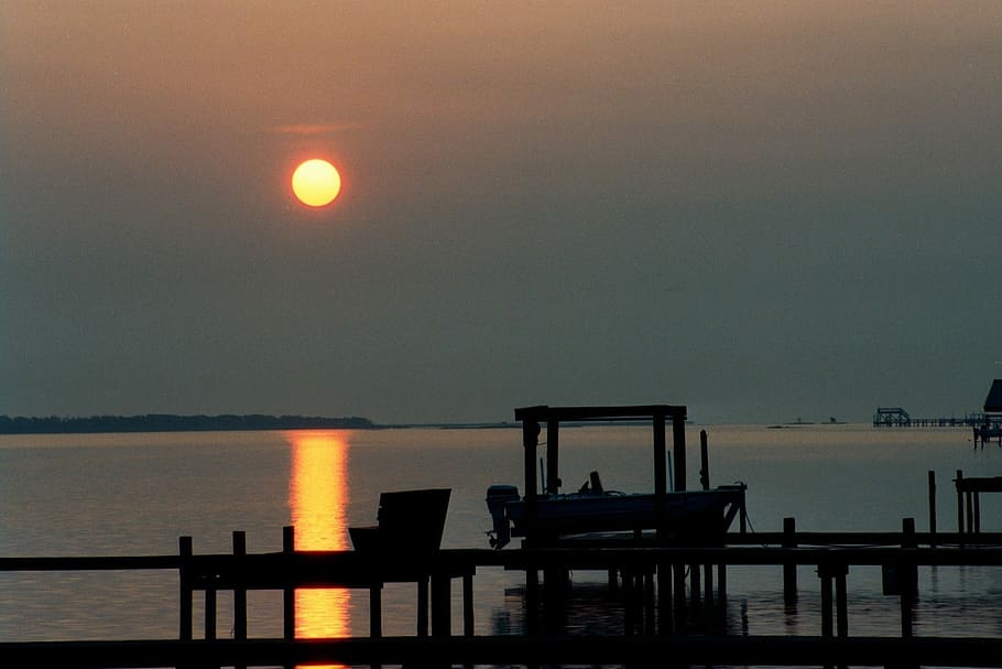 Sunset, Boat, Ocean, Scenic, Seascape, silhouette, dusk, dock HD wallpaper