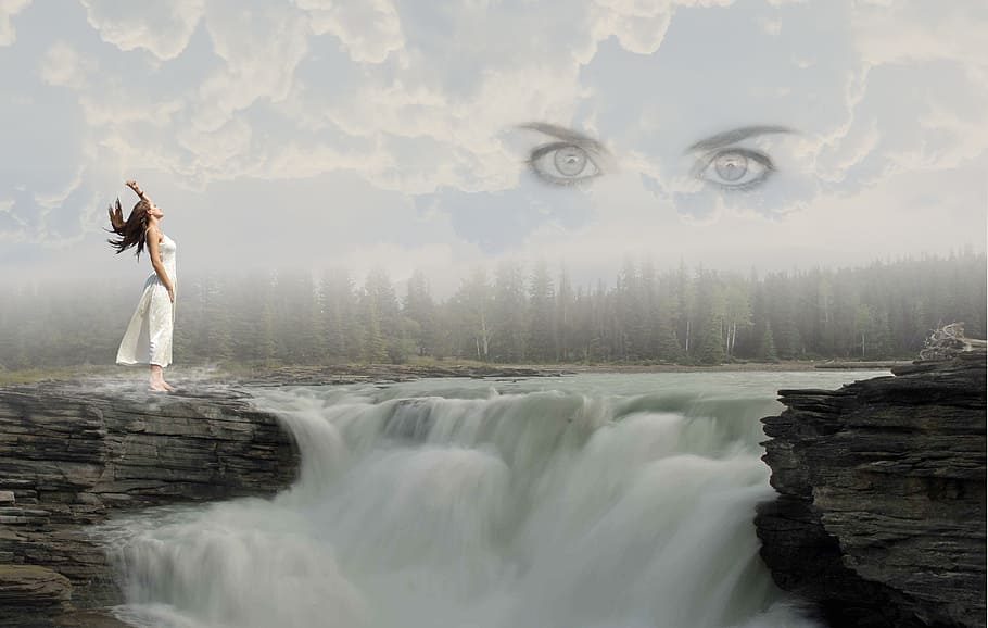 woman wearing sleeveless dress near waterfalls, waters, river, HD wallpaper