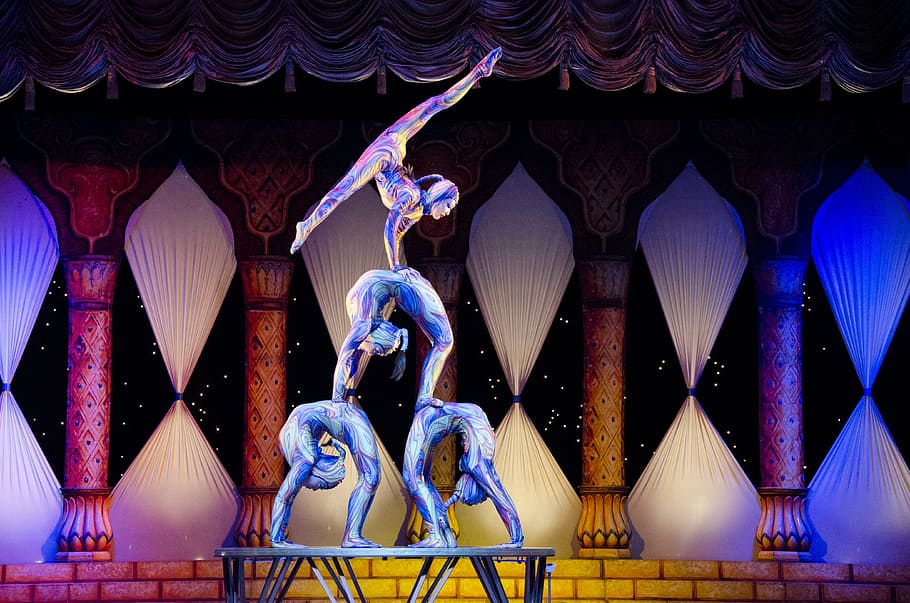 four acrobats performing on brown wooden bench, circus, contortion, HD wallpaper