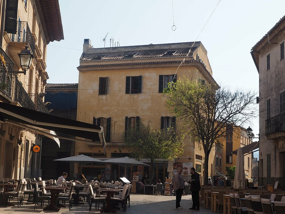 alcudia, mallorca, spain, alcúdia, cafe, facade, building exterior, HD wallpaper