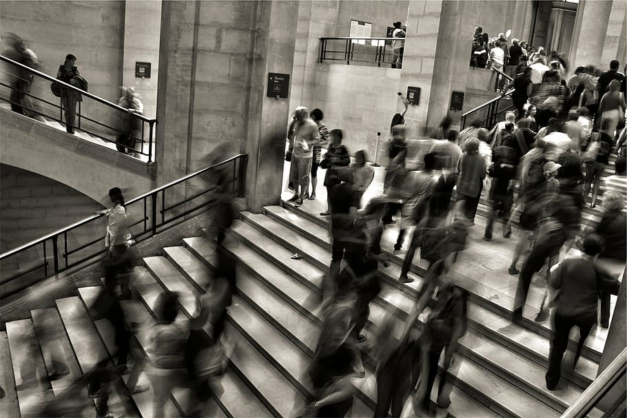 greyscale photo of people walking on stairs, grayscale, staircase HD wallpaper