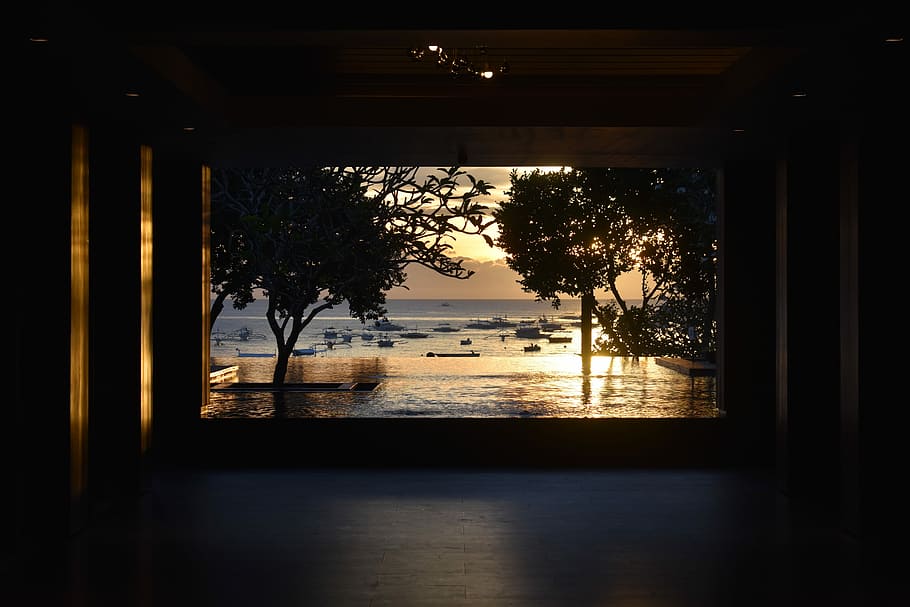 photo body of water outside, window with over-view of tress and body of water HD wallpaper