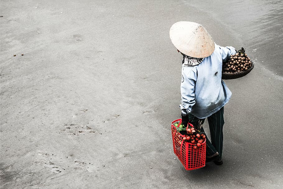 person carrying a basket, beach, farmer, people, poor, sell HD wallpaper