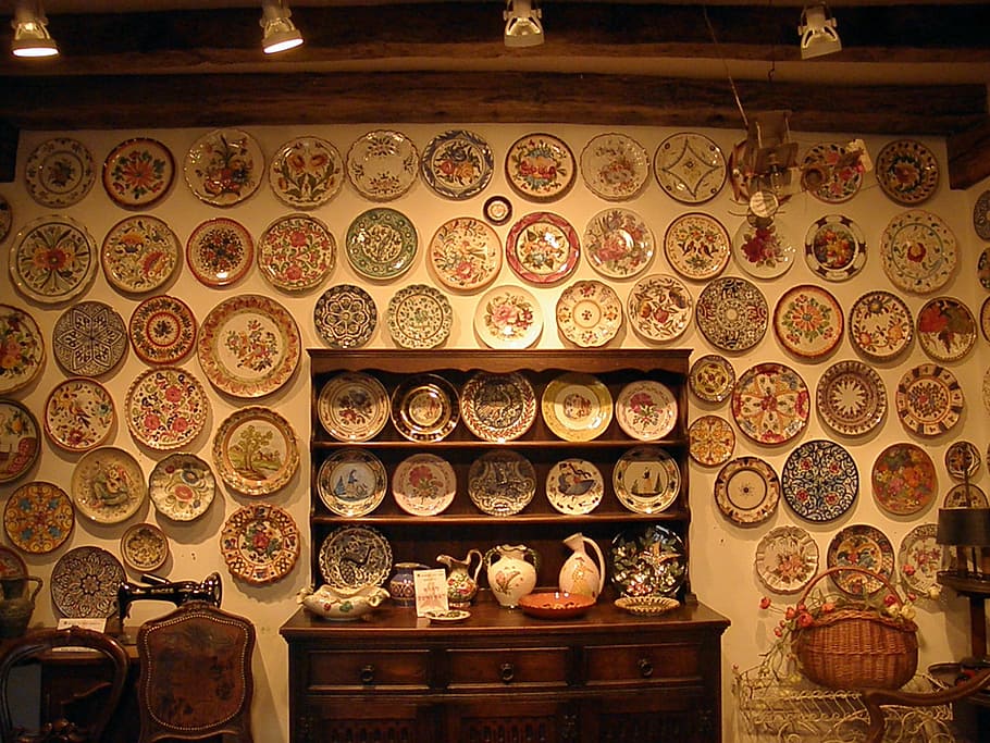 plate, wall, container, ornament, europe, indoors, large group of objects HD wallpaper
