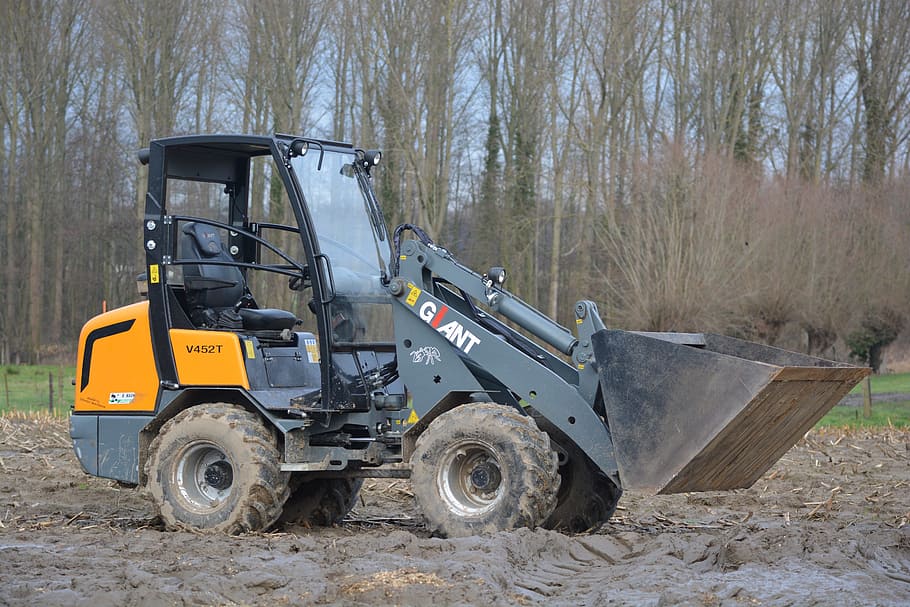 black and yellow payloader, machine, wheels, tractor, field HD wallpaper