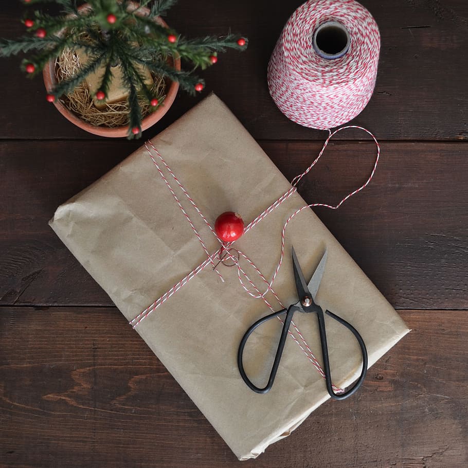 gray scissor on brown paper, gift, package, wrapping, scissors HD wallpaper