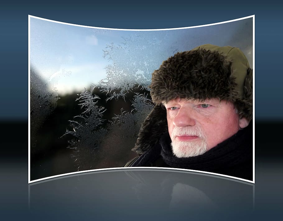 winter, snow, window, glass, head, face, beard, male, weather HD wallpaper