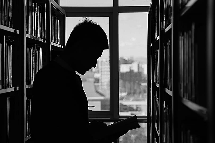 silhouette of man reading book in library near window panes, beijing
