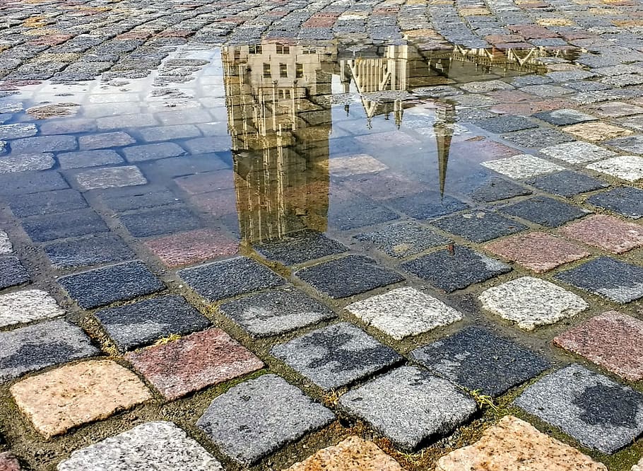 mechelen, city, plas, reflection, mirror, stones, building HD wallpaper