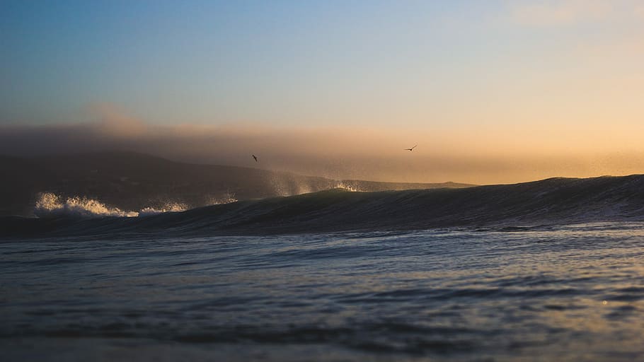 view of rippling body of water during golden hour, sunset, wave HD wallpaper