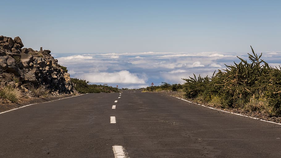 road, clouds, sky, mountains, landscape, nature, distant, volcano HD wallpaper