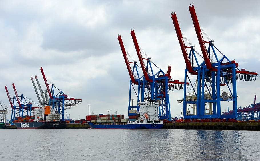 blue and red industrial cranes near body of water, port, hamburg, HD wallpaper