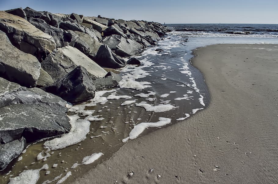 beach, coast, ocean, sand, rocks, atlantic city, land, sea HD wallpaper