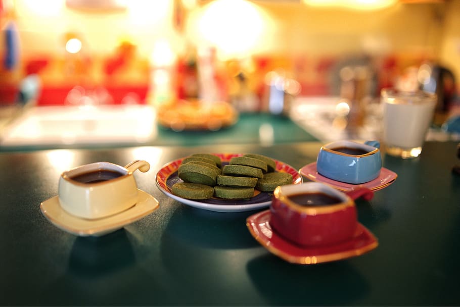 three ceramic cups, coffee, espresso, cookie, small, colorful HD wallpaper