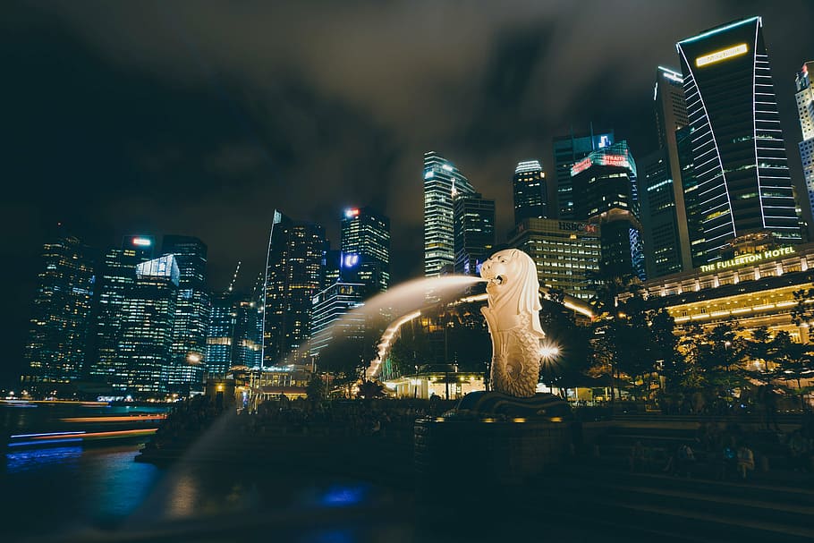 Lion Singapore, architecture, buildings, infrastructure, night HD wallpaper
