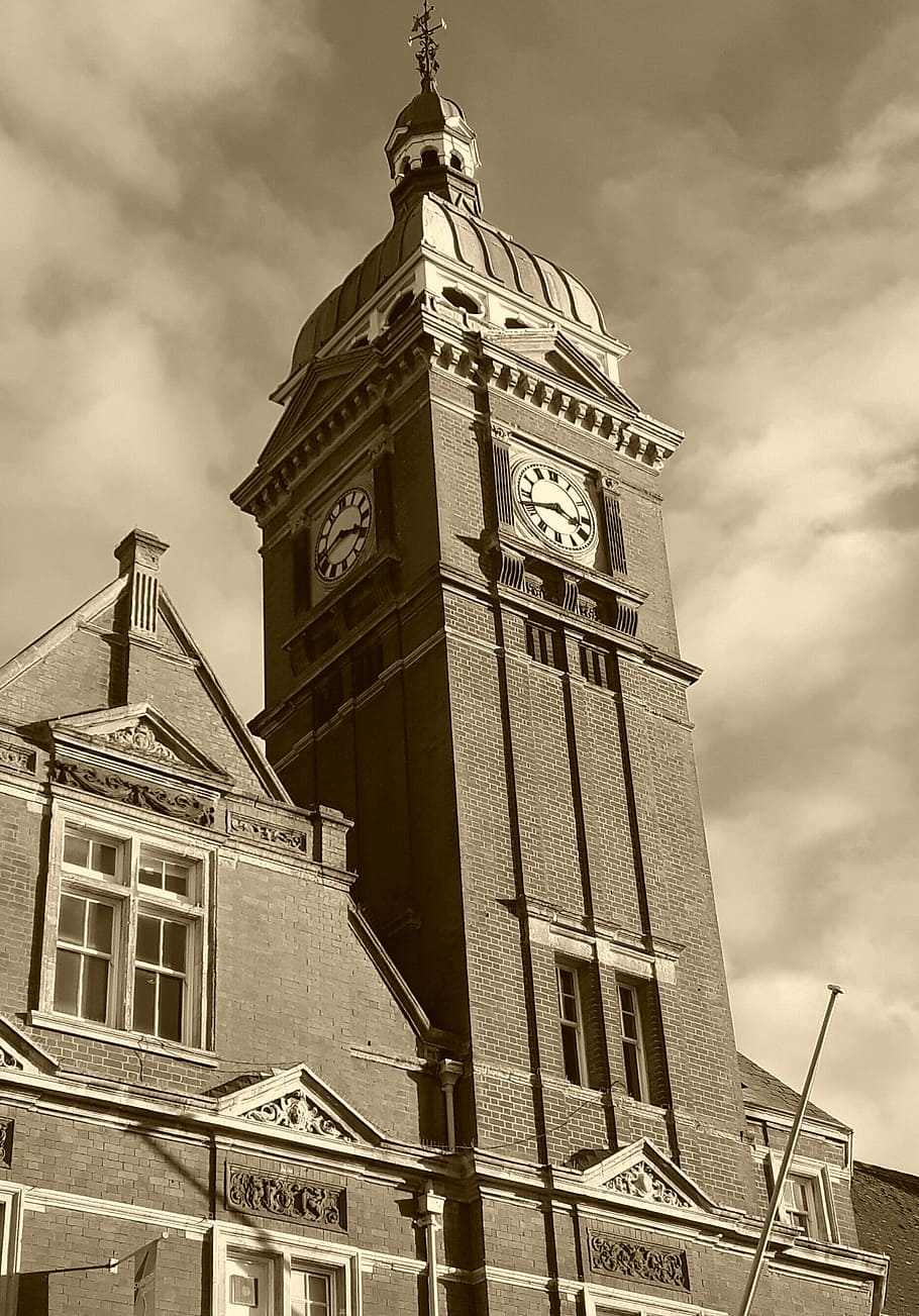 Sky, Clock, Clouds, Building, Swindon, great britain, uk, the clock tower HD wallpaper