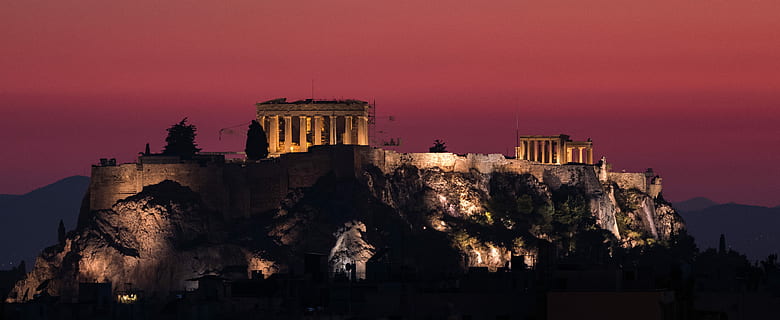 Parthenon, Greece during night, Parthenon under orange sky, city HD wallpaper