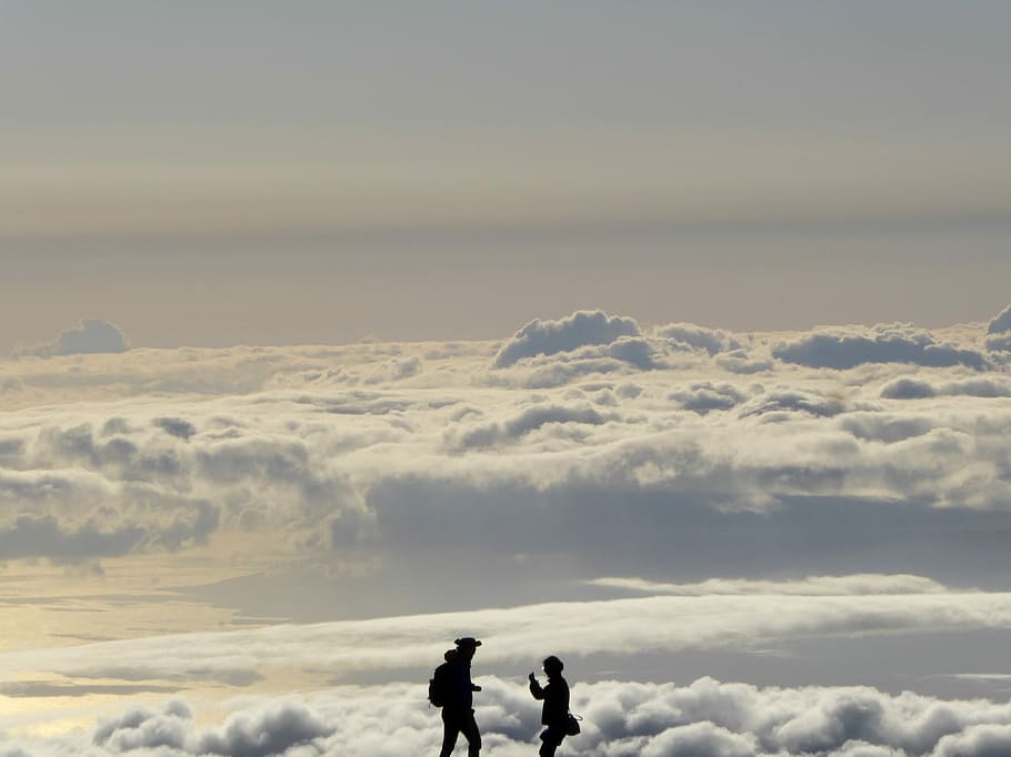 walking on the clouds, two men silhouette with clouds background HD wallpaper
