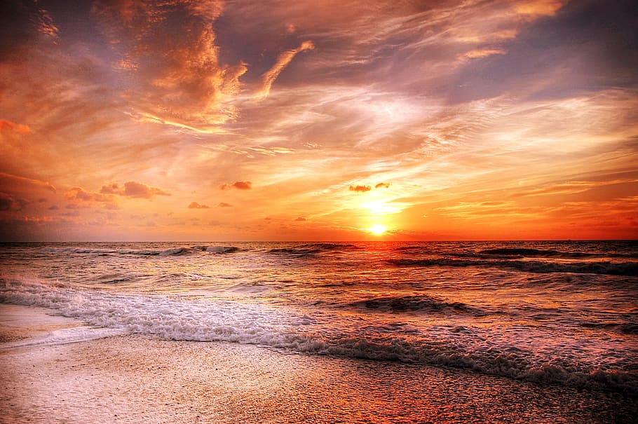 beach at sunset, denmark, sky, sea, nature, summer, water, north sea HD wallpaper
