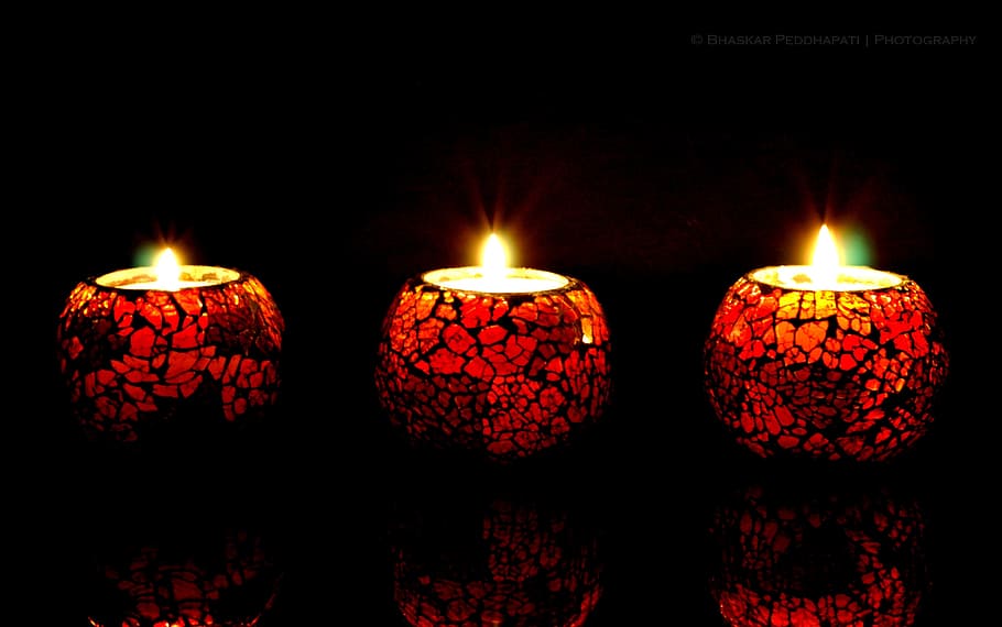 three lighted tealight candles, red, night, romantic, burning HD wallpaper