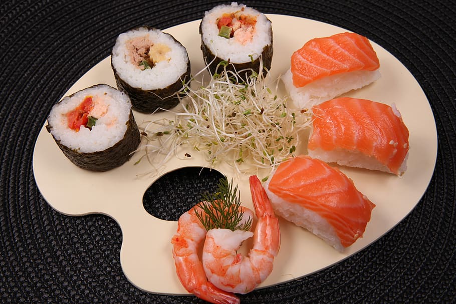 sashimi and baki, food, rice, seafood, fish, salmon, sushi, kitchen, HD wallpaper