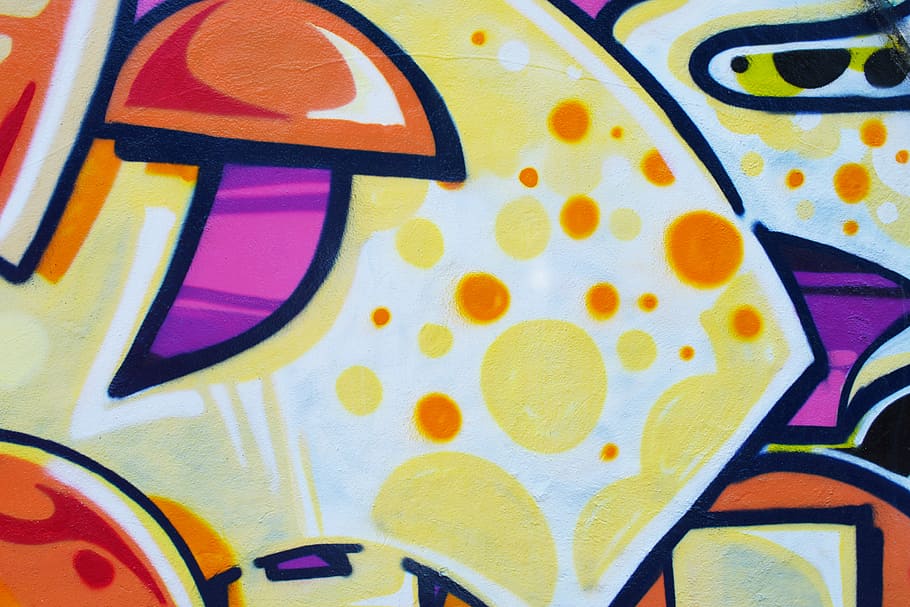 yellow, purple, and orange wall graffiti, untitled, street art, HD wallpaper