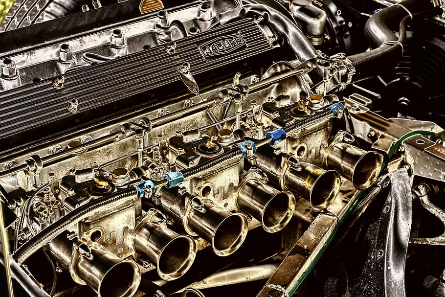 gray steel carburetor, jaguar, etype, engine, vintage, vehicle HD wallpaper