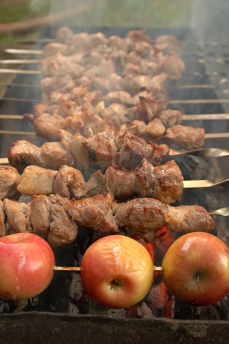 food, picnic, shish kebab, meat, mangal, fried meat, frying, HD wallpaper