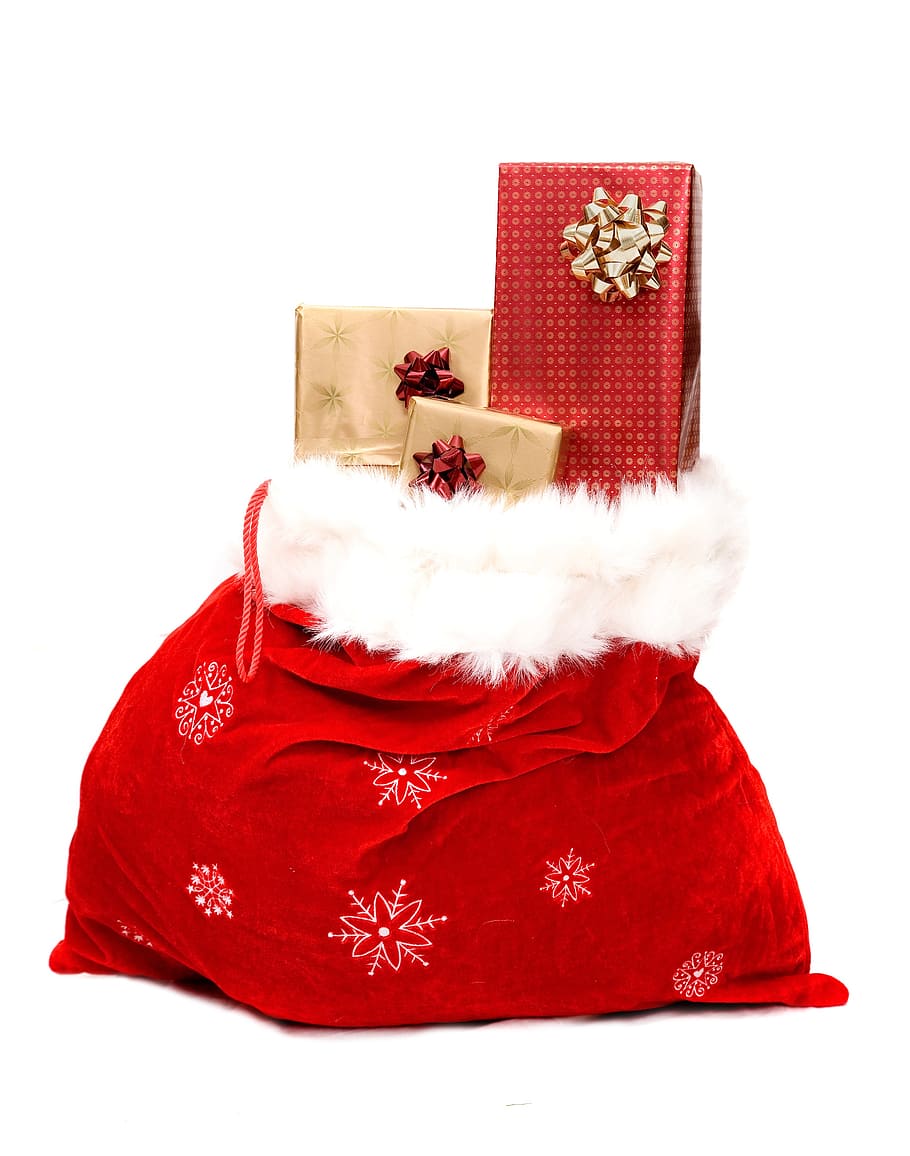 red and white santa bag, christmas kids gifts old, pascuero, santa Claus, HD wallpaper