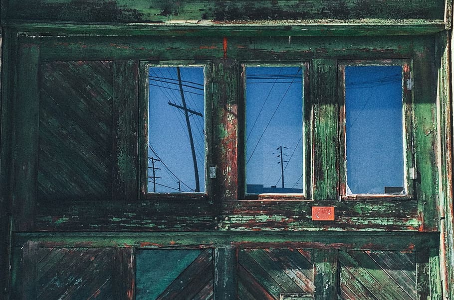 green wooden window, photo, cabinet, mirror, door, reflection HD wallpaper