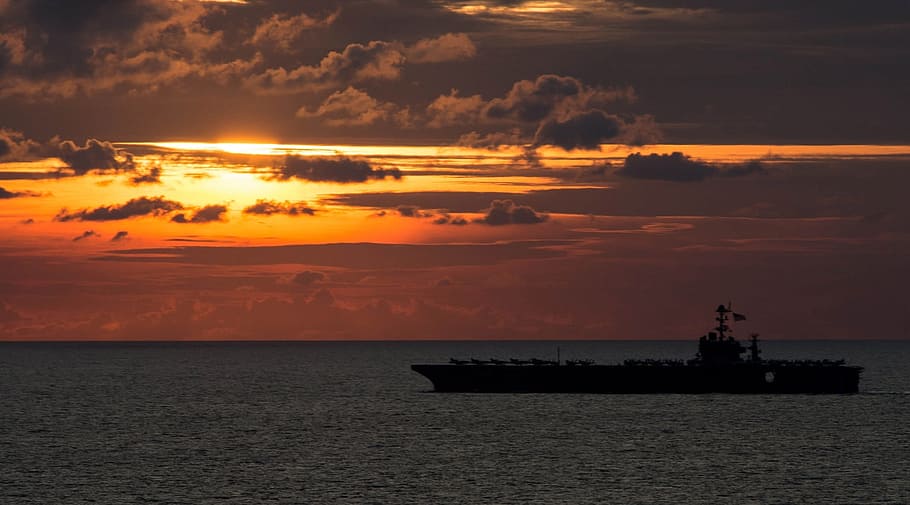 Sunset, Water, Ocean, Silhouette, Dusk, sky, navy, aircraft carrier HD wallpaper