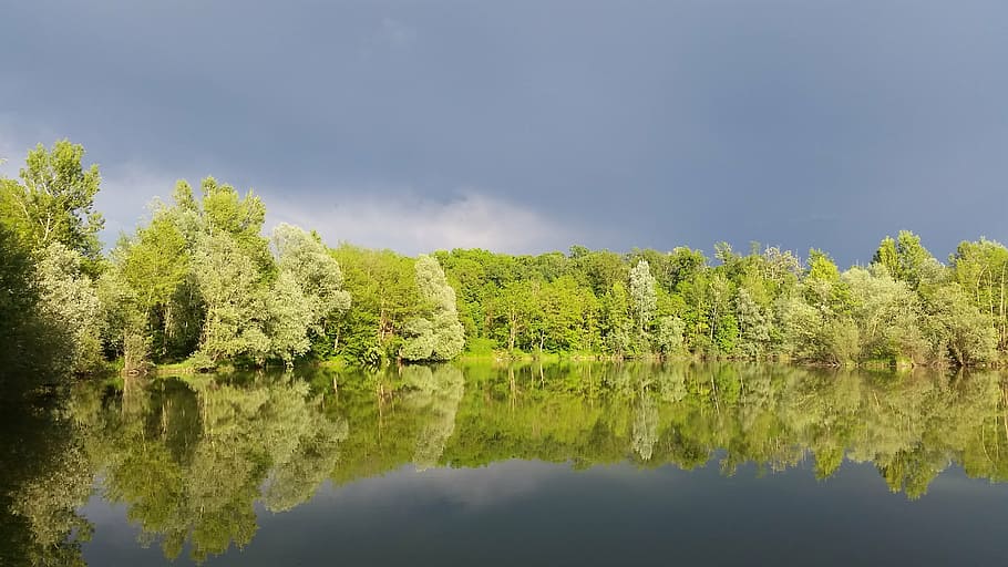 lake, spring, water, landscape, nature, sky, forest, sunset HD wallpaper