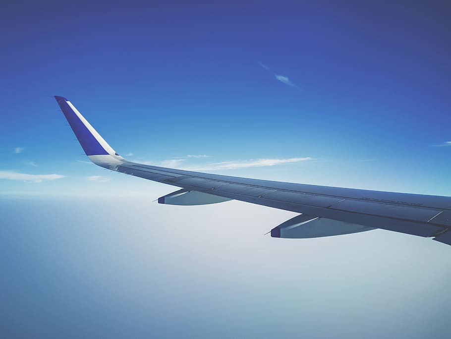 white and blue airplane wing in flight, Window Seat, windowseat HD wallpaper