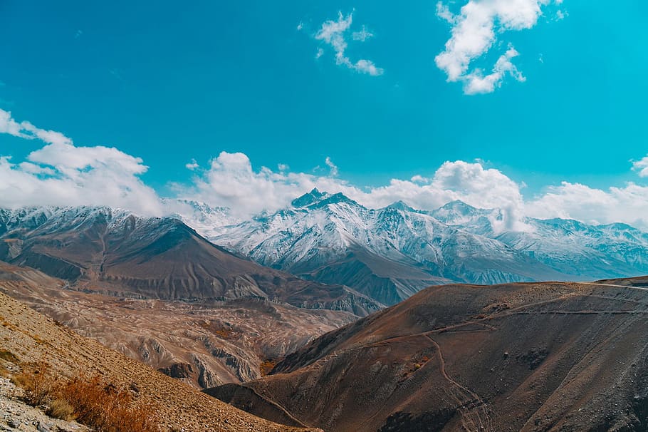 bird's-eye view photography of mountain range, blue, clouds HD wallpaper