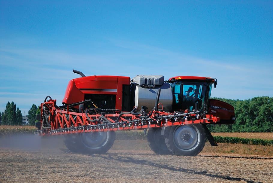 red and grey sprayer, technique, glyphosate, spraying, fields HD wallpaper