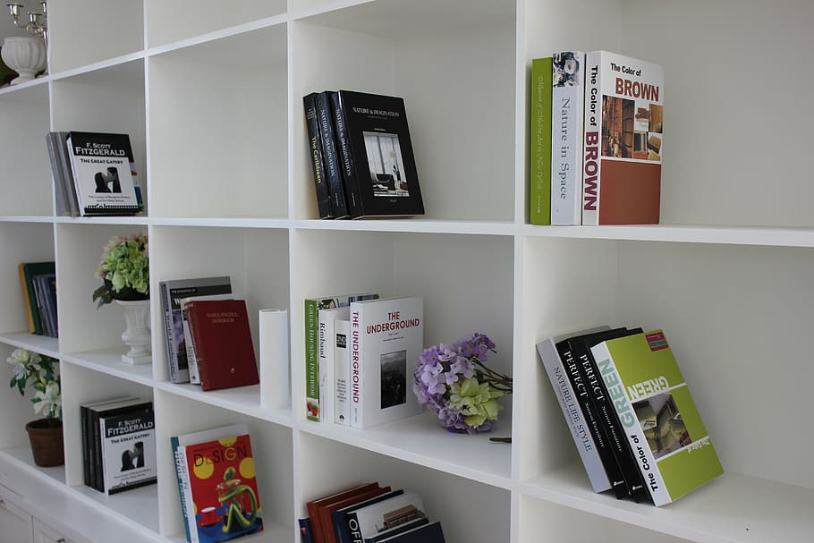 books in white wooden cubby shelf, bookcase, reading, indoors HD wallpaper