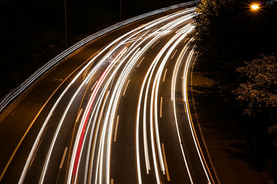 light, ray, road, car, beam, trace, speed, way, traffic, night HD wallpaper